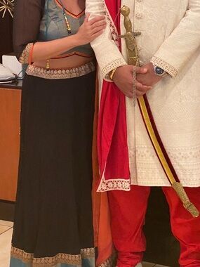 Black and Teal Lehenga Set with Embroidered Trim